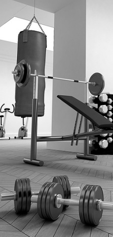Fitness studio with strength training equipment and punch bag